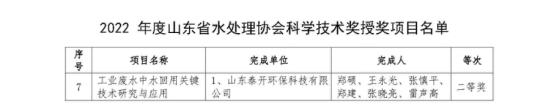 获 奖丨公司科研成果荣获山东省水处理协会科学技术奖二等奖